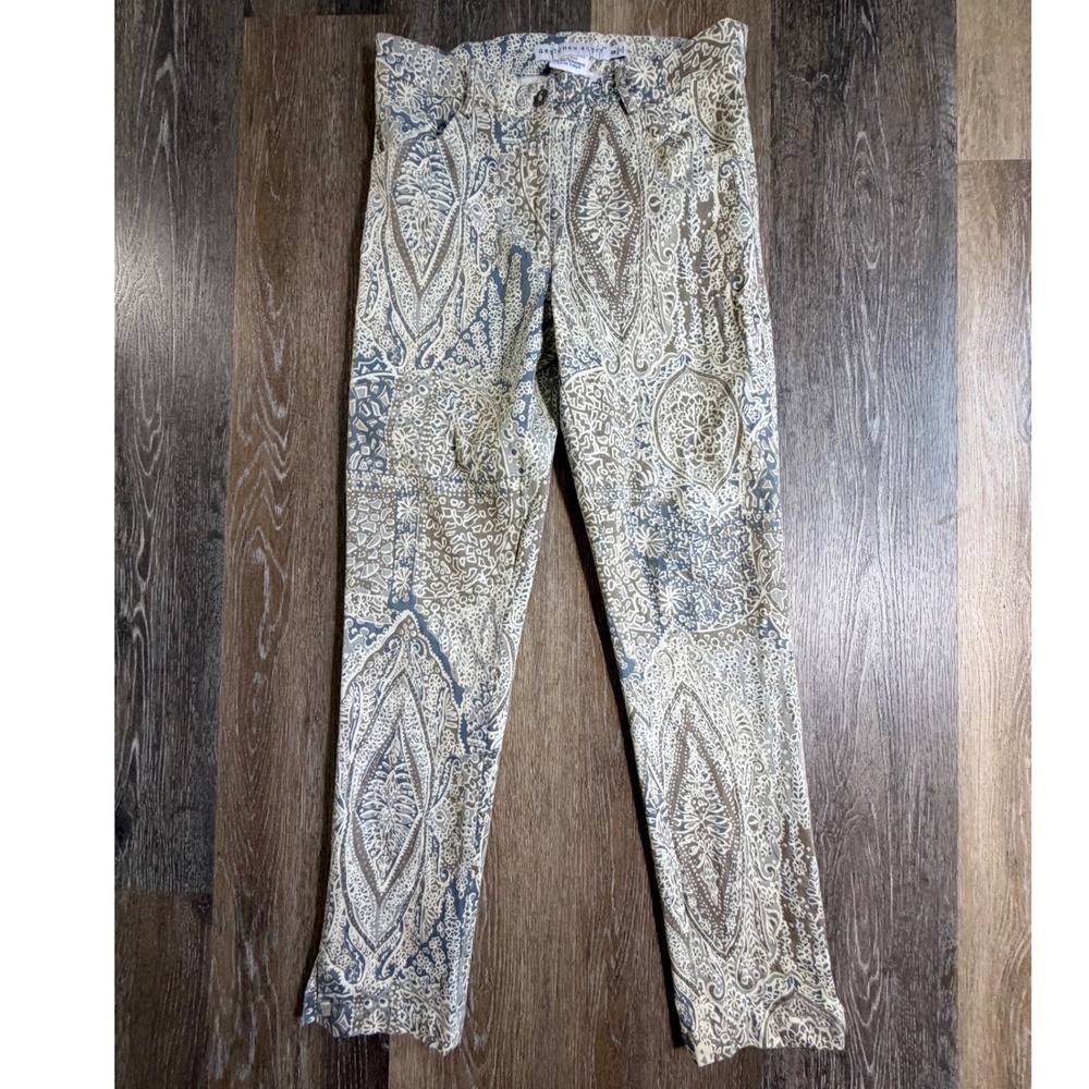 Gretchen Scott Paisley Pants Womens S Blue Tan Medallion Print Slim Leg Trousers